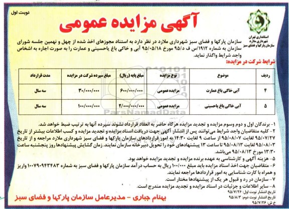 آگهی مزایده عمومی, مزایده واگذاری آبی خاکی باغ عمارت