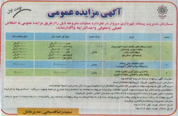 مزایده ,مزایده اجاره ایستگاه های تفکیک از مبدا شهر سبزوار و.....