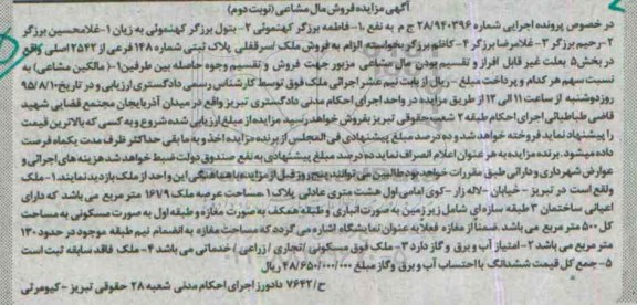 مزایده,مزایده ملک با عرصه 161.9متر مال مشاعی نوبت دوم