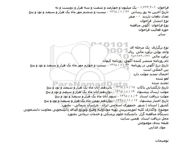 آگهی مناقصه, مناقصه  واگذاری کلیه امور مدیریتی تهیه مواد اولیه و طبخ و توزیع غذای دانشجویی
