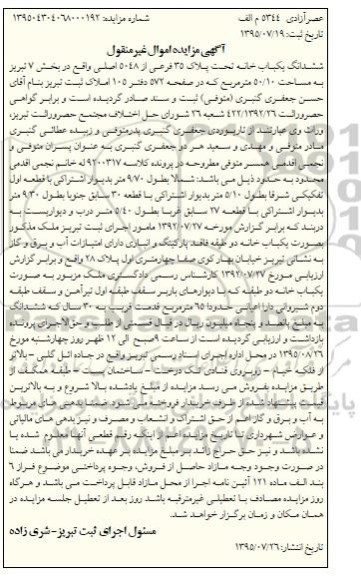 مزایده,مزایده ششدانگ یکباب خانه بخش 7 تبریز 50.10متر 