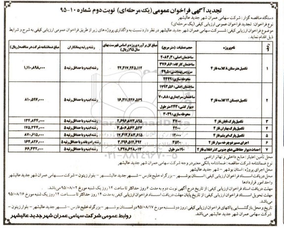 تجدید آگهی فراخوان عمومی, مناقصه تکمیل هنرستان و ... تجدید - نوبت دوم