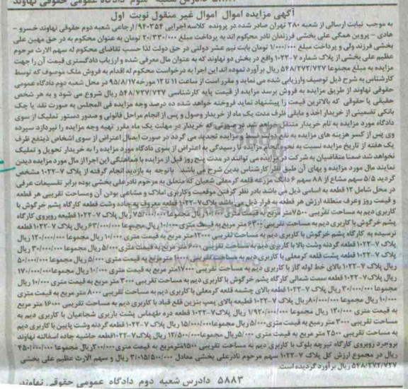 مزایده,مزایده 5.5 سهم مشاع از 88 سهم ششدانگ مزرعه قلعه کرمعلی نوبت اول