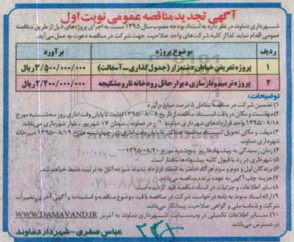آگهی تجدید مناقصه عمومی,مناقصه پروژه تعریض خیابان دشتمزار (جدولگذاری و آسفالت) و ... 