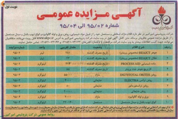 مزایده , مزایده اقلام مازاد، اسقاطی و مستعمل خود را از قبیل مواد شیمیایی ... نوبت اول