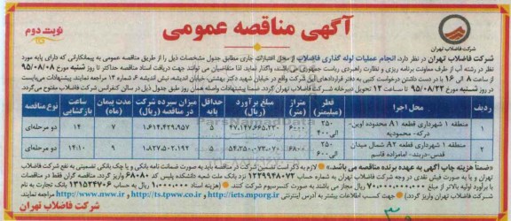 آگهی مناقصه عمومی, مناقصه عمومی انجام عملیات لوله گذاری فاضلاب -نوبت دوم 