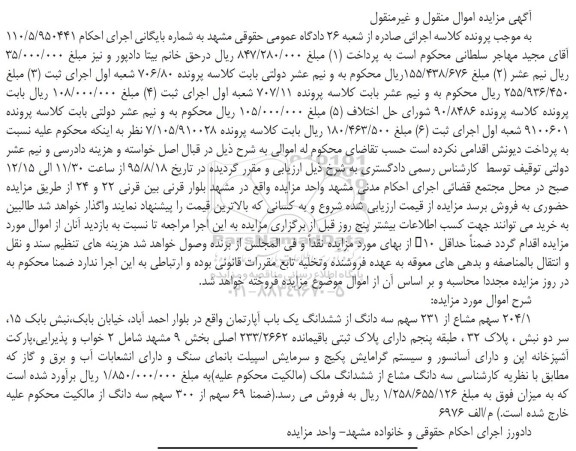 مزایده,مزایده 204.1 سهم مشاع از 231 سهم سه دانگ از ششدانگ اپارتمان
