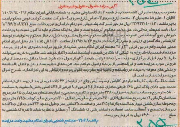 مزایده,مزایده ششدانگ کارخانه تولیدی کالباس و سوسیس