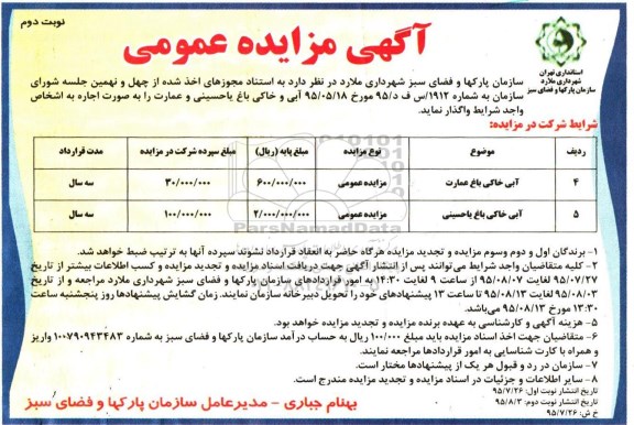 آگهی مزایده عمومی , مزایده واگذاری اجاره آبی خاکی باغ عمارت و یاحسینی نوبت دوم