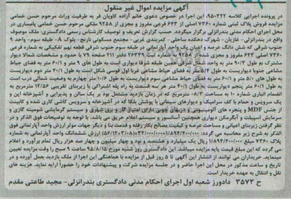 مزایده,مزایده پلاک ثبتی عرصه و اعیان اپارتمان طبقه سوم