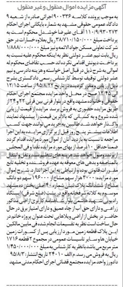 مزایده,مزایده 2000 هزار سهم مشاع از 196000 سهم دو دانگ مشاع از پلاک ثبتی