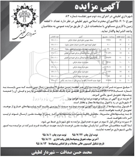 مزایده,مزایده واگذاری ده قطعه زمین با کاربری مسکونی