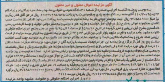 مزایده,مزایده سه دانگ و 894.3 هزارم دانگ مشاع از سرقفلی مغازه