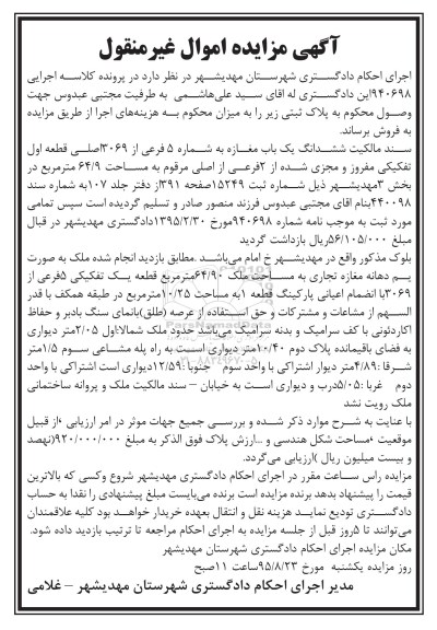 مزایده,ممزایده سند مالکیت ششدانگ مغازه
