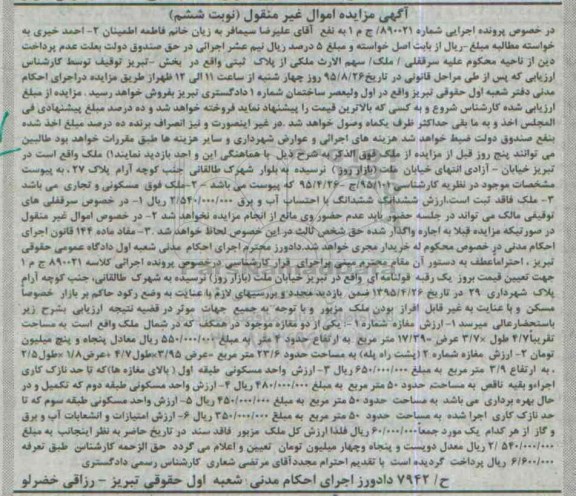 مزایده,مزایده ملک سهم الارث ملکی از پلاک ثبتی مسکونی تجاری نوبت ششم