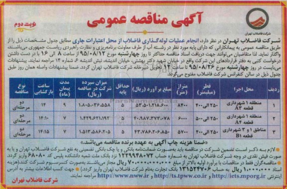 آگهی مناقصه عمومی, مناقصه عمومی انجام عملیات لوله گذاری فاضلاب نوبت دوم 