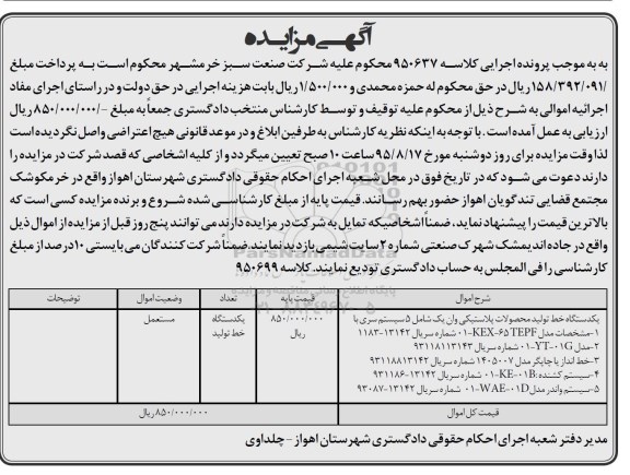 مزایده یکدستگاه خط تولید محصولات پلاستیکی