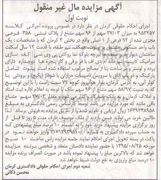 مزایده,مزایده پلاک ثبتی بخش 4 کرمان نوبت اول