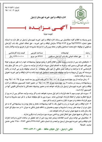 مزایده,مزایده واگذاری ششدانگ حق تملک اعیانی یکباب اپارتمان نوبت دوم 