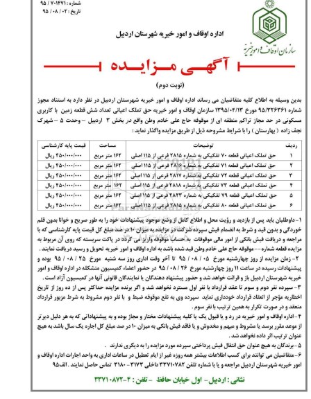 مزایده,مزایده واگذاری تعداد شش قطعه زمین با کاربری مسکونی نوبت دوم 