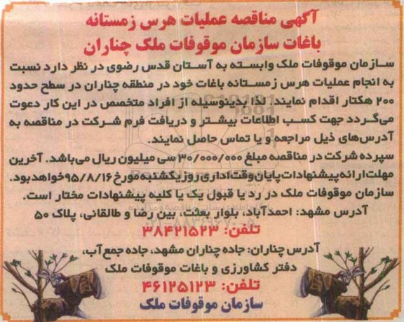 مناقصه , مناقصه عملیات هرس زمستانه باغات سازمان موقوفات ملک چناران 