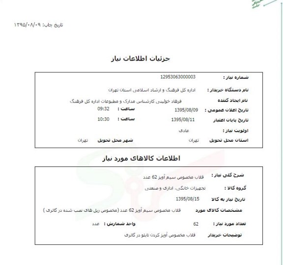 استعلام, استعلام قلاب مخصوص سیم آویز 62عدد
