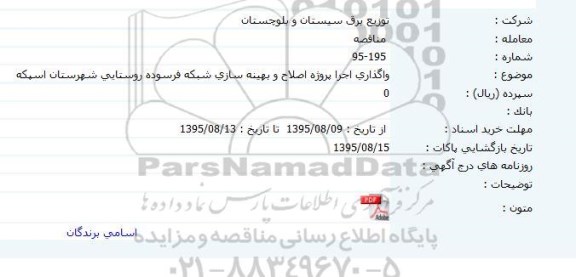 مناقصه واگذاری اجرا پروژه اصلاح و بهینه سازی شبکه فرسوده روستایی شهرستان اسپکه