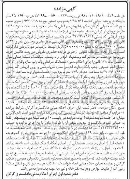 مزایده,مزایده سرقفلی مغازه مساحت 17/90متر