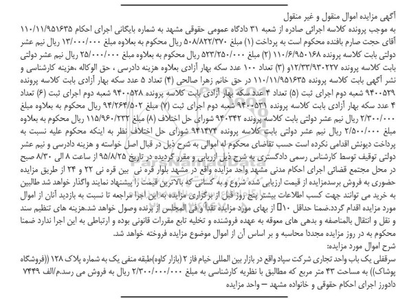 مزایده,مزایده سرقفلی یکباب واحد تجاری مساحت 43متر