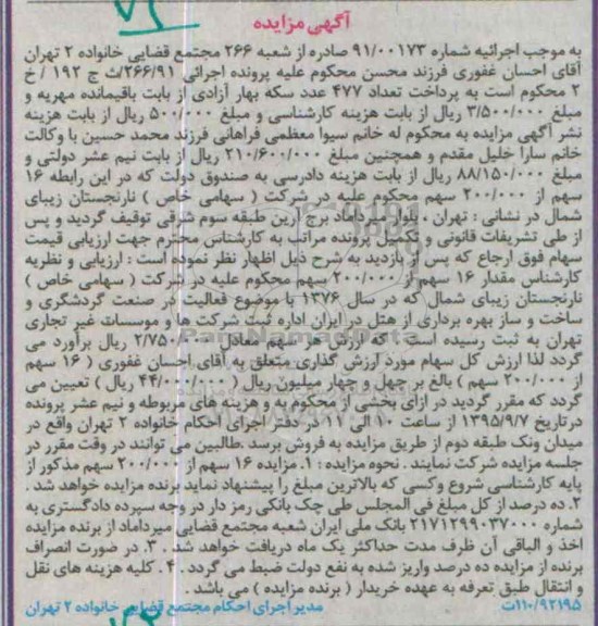 مزایده,مزایده مقدار 16 سهم از 200.000 سهم