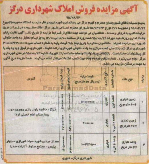 مزایده,مزایده فروش املاک کاربری زمین و واحد تجاری