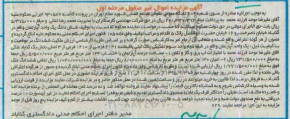 مزایده,مزایده ششدانگ اپارتمان بخش یک گناباد مرحله اول