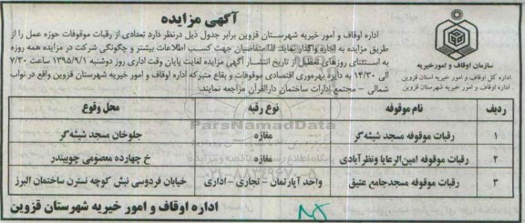 آگهی مزایده , مزایده تعدادی از رقبات موقوفه