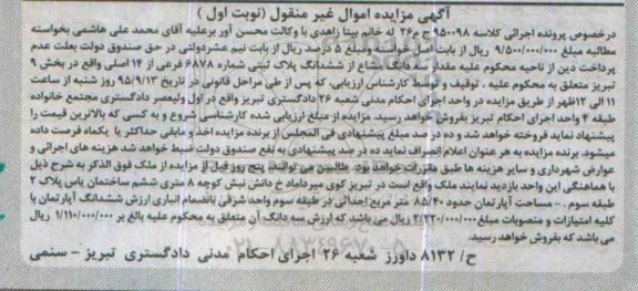 مزایده,مزایده سه دانگ مشاع از ششدانگ پلاک ثبتی بخش نه نوبت اول