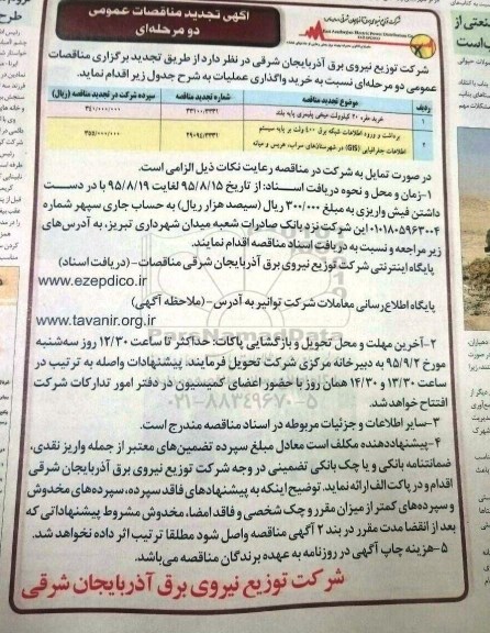 تجدید مناقصه , تجدید مناقصات عمومی خرید مقره 20 کیلوولت میخی و آویزی پلیمری... 