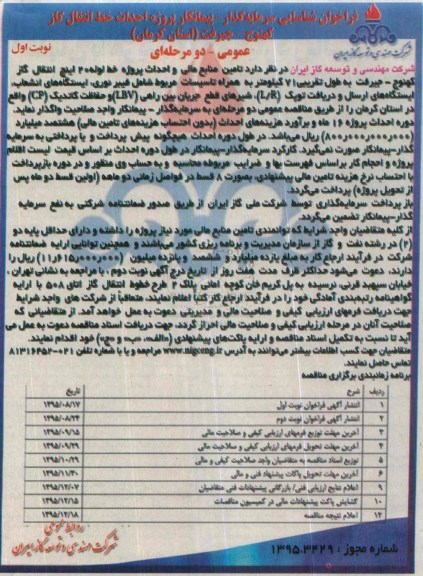 فراخوان شناسایی سرمایه گذار - پیمانکار , فراخوان پروژه احداث خط انتقال گاز کهنوج - جیرفت