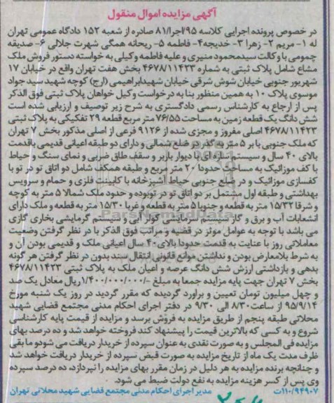 مزایده,مزایده ششدانگ زمین مساحت 76/55مترمربع