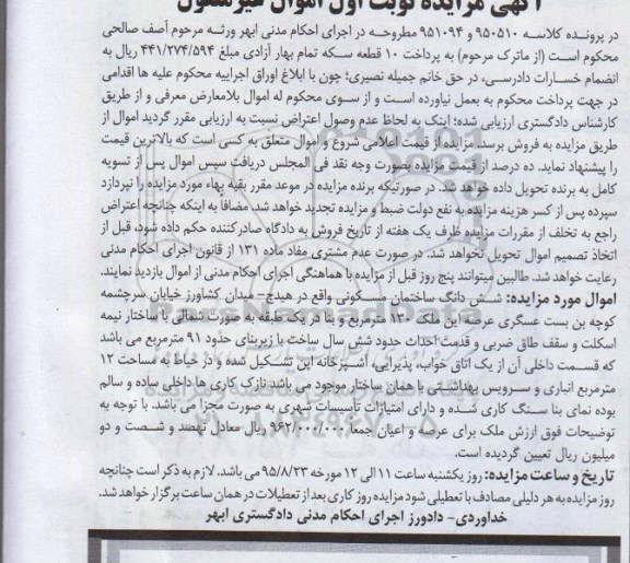 مزایده,مزایده ساختمان مسکونی با عرصه 130متر نوبت اول