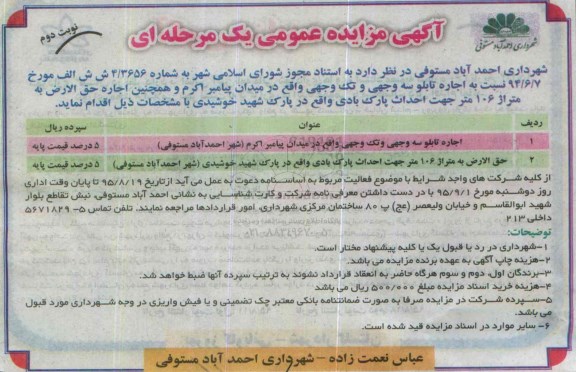 آگهی مزایده عمومی یک مرحله ای , مزایده اجاره تابلو سه وجهی و تک وجهی .... - نوبت دوم
