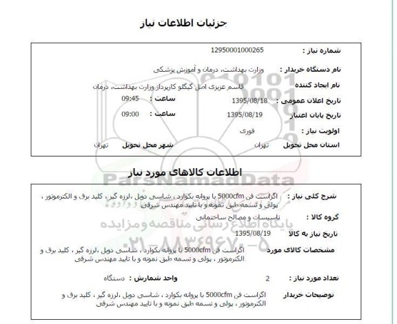 استعلام , استعلام اگزاست فن 5000CFM  با پروانه بکوارد ... 