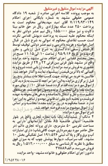 مزایده,مزایده 4 دانگ از ششدانگ مغازه تجاری