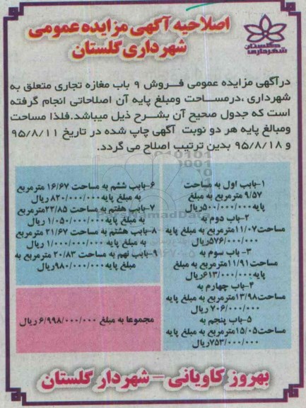 اصلاحیه مزایده,مزایده فروش نه باب مغازه تجاری -اصلاحیه