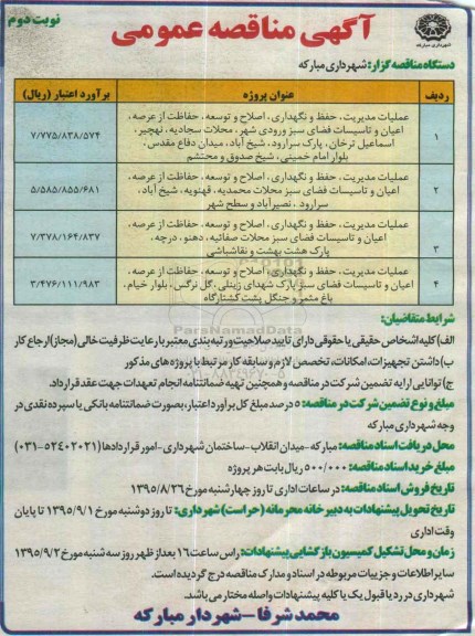 آگهی مناقصه عمومی, مناقصه عملیات مدیریت ، حفظ و نگهداری ، اصلاح و توسعه ، حفاظت از عرصه اعیان - نوبت دوم 