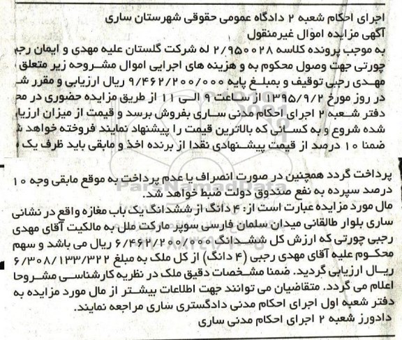 مزایده,مزایده 4 دانگ از ششدانگ یکباب مغازه