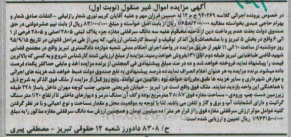 مزایده,مزایده ملک مغازه به مساحت 38/87متر نوبت اول