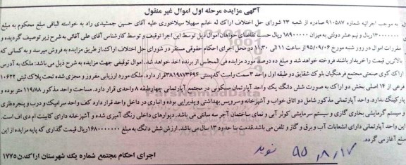 مزایده,مزایده ملک اپارتمان مساحت 119.88متر مرحله اول