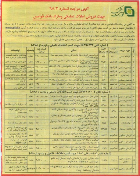 مزایده,مزایده فروش املاک تملیکی و مازاد بانک قوامین