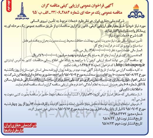 آگهی فراخوان عمومی ارزیابی کیفی مناقصه گران, فراخوان خدمات مربوط به تامین نیروی انسانی نوبت دوم 