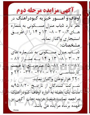 مزایده,مزایده واگذاری 5 باب منزل مسکونی استیجاری نوبت دوم