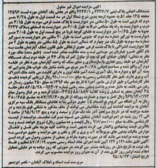 مزایده,مزایده ششدانگ اعیانی پلاک ثبتی بخش یک ابادان 